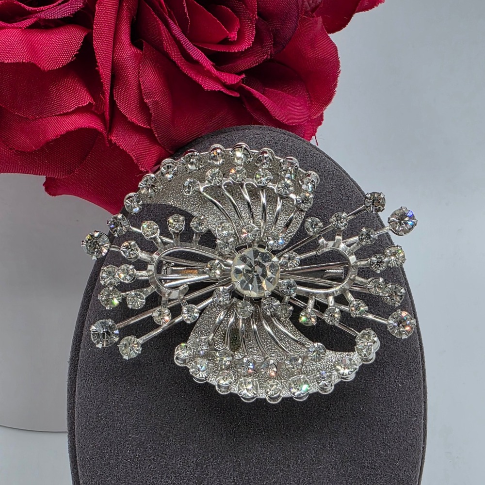 Vintage Silver Tone Clear Rhinestone Atomic Starburst Sunburst Brooch Pin